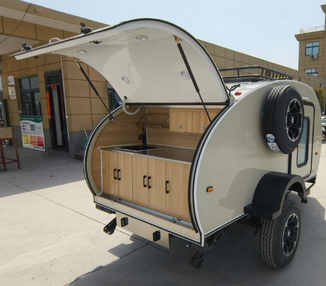 Rear kitchen setup of Stayfree Campers teardrop trailer