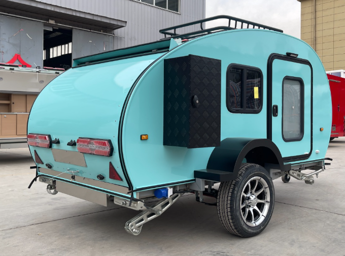 Side view of a lightweight teardrop camper trailer built in NSW