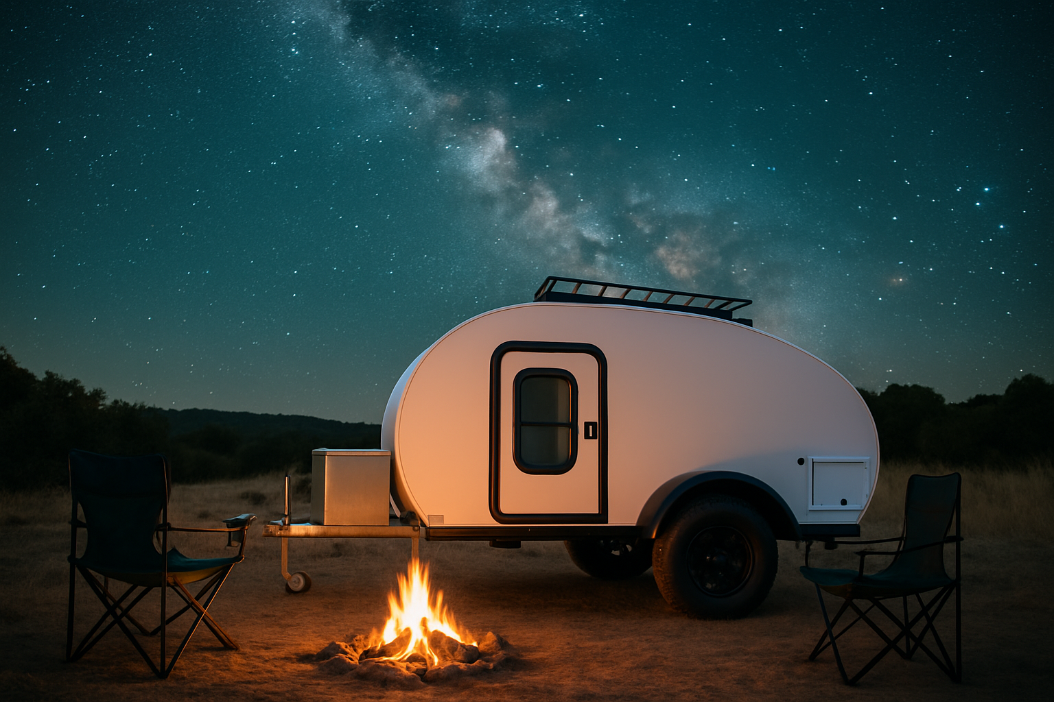 Teardrop camper trailer parked under a starry sky in NSW with campfire and camping chairs in the foreground